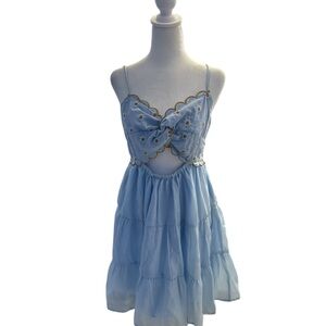 Chic Light Blue Mini Dress with Floral Details